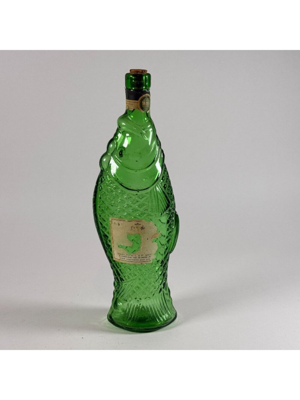 Vintage Green Glass Fish Bottle Italia w/Cork Stopper Embossed Design Decorative